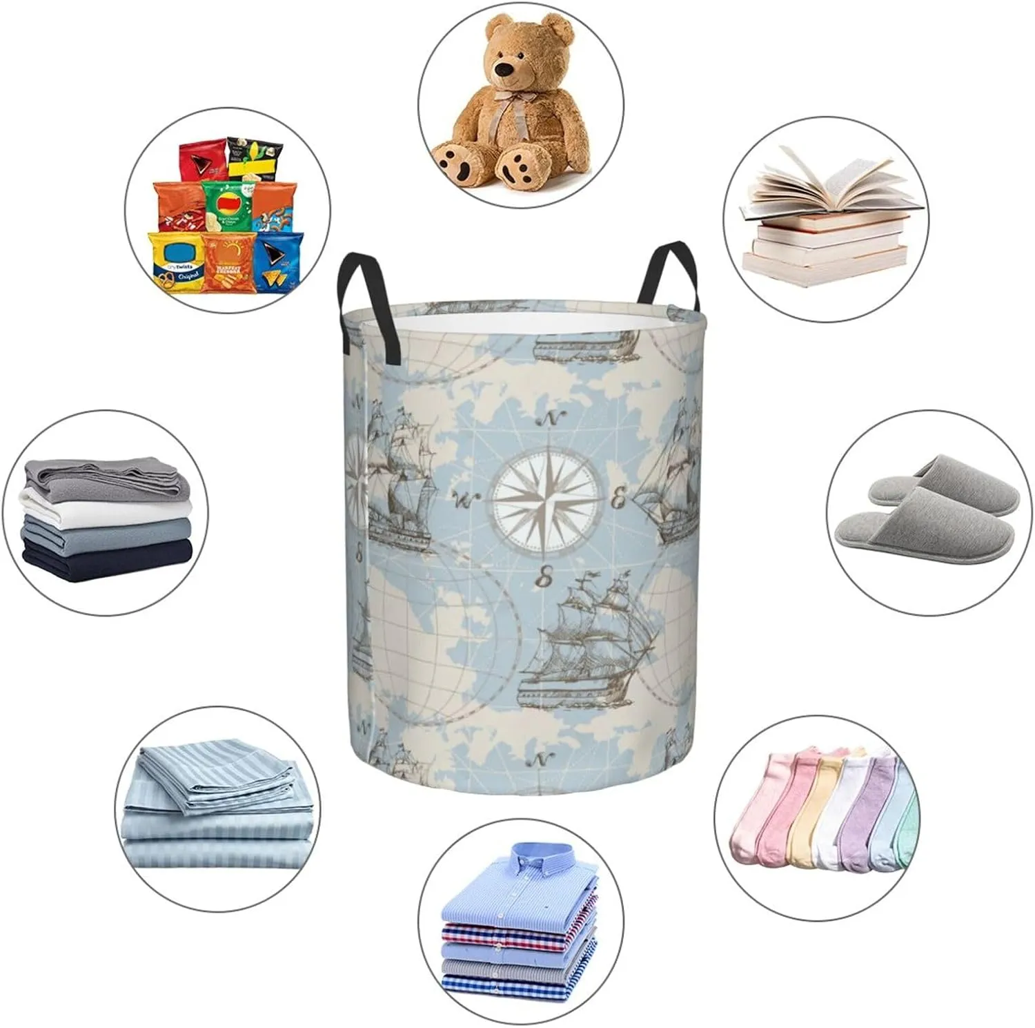 Nautical Sailboat Map Ship Wheel Compass Antiquity Boat Collapsible Circular Laundry Hamper, Car Toys Storage Bag