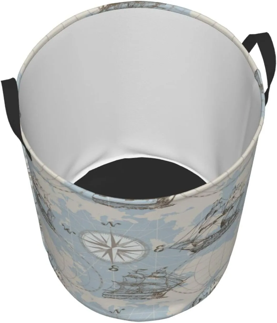 Nautical Sailboat Map Ship Wheel Compass Antiquity Boat Collapsible Circular Laundry Hamper, Car Toys Storage Bag