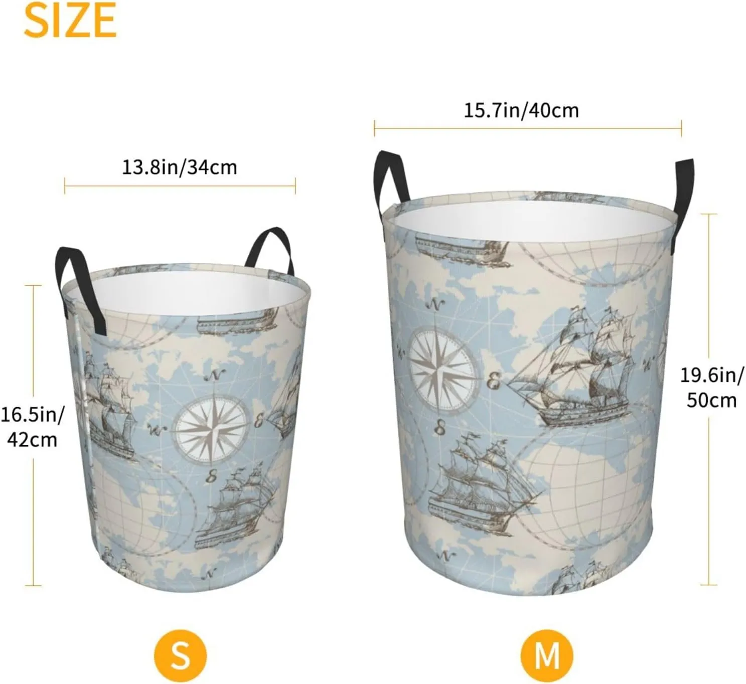 Nautical Sailboat Map Ship Wheel Compass Antiquity Boat Collapsible Circular Laundry Hamper, Car Toys Storage Bag