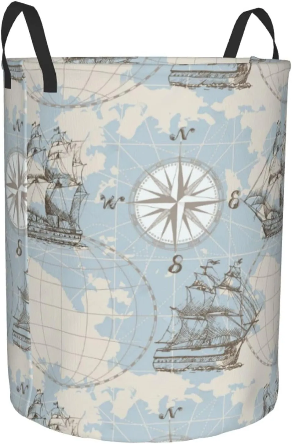 Nautical Sailboat Map Ship Wheel Compass Antiquity Boat Collapsible Circular Laundry Hamper, Car Toys Storage Bag