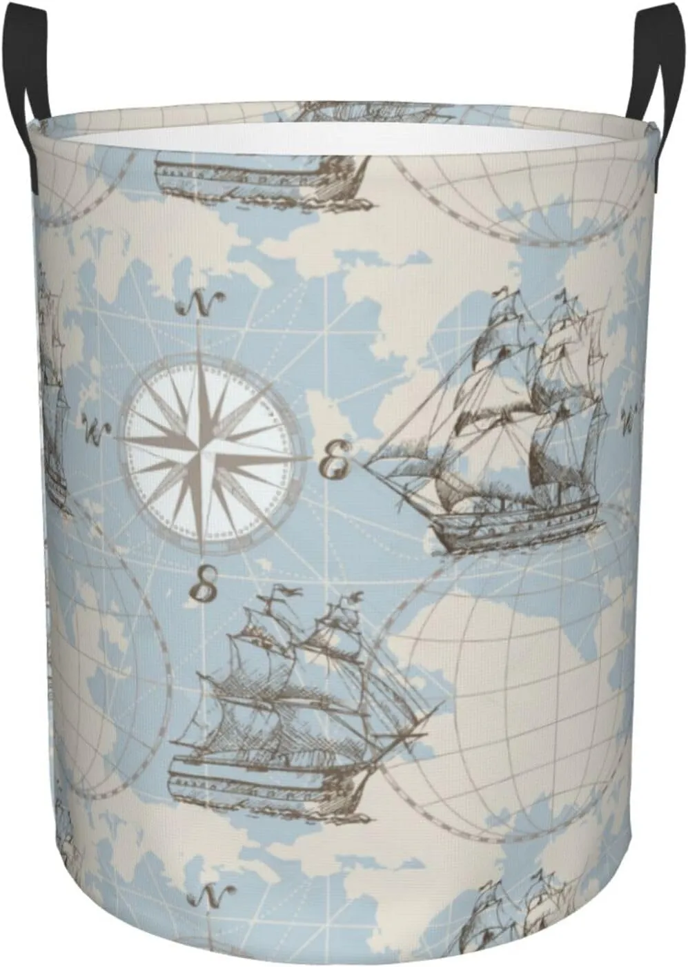 Nautical Sailboat Map Ship Wheel Compass Antiquity Boat Collapsible Circular Laundry Hamper, Car Toys Storage Bag