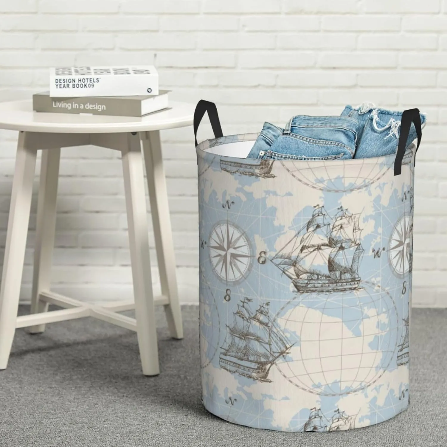 Nautical Sailboat Map Ship Wheel Compass Antiquity Boat Collapsible Circular Laundry Hamper, Car Toys Storage Bag