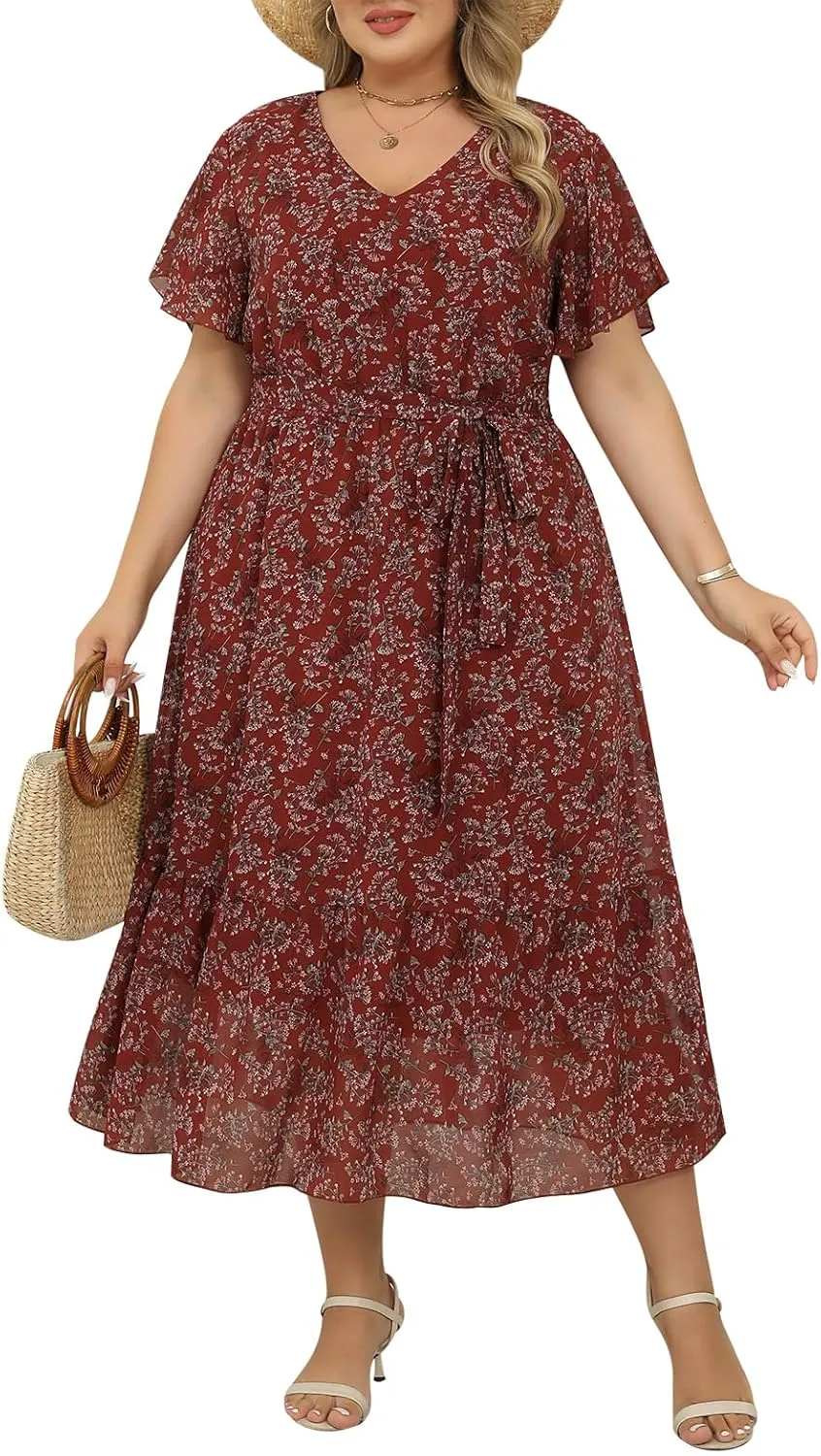 Nemidor Womens Casual Plus Size Boho Print Belted Layered Chiffon Long Dress with Ruffle Sleeve NEM310