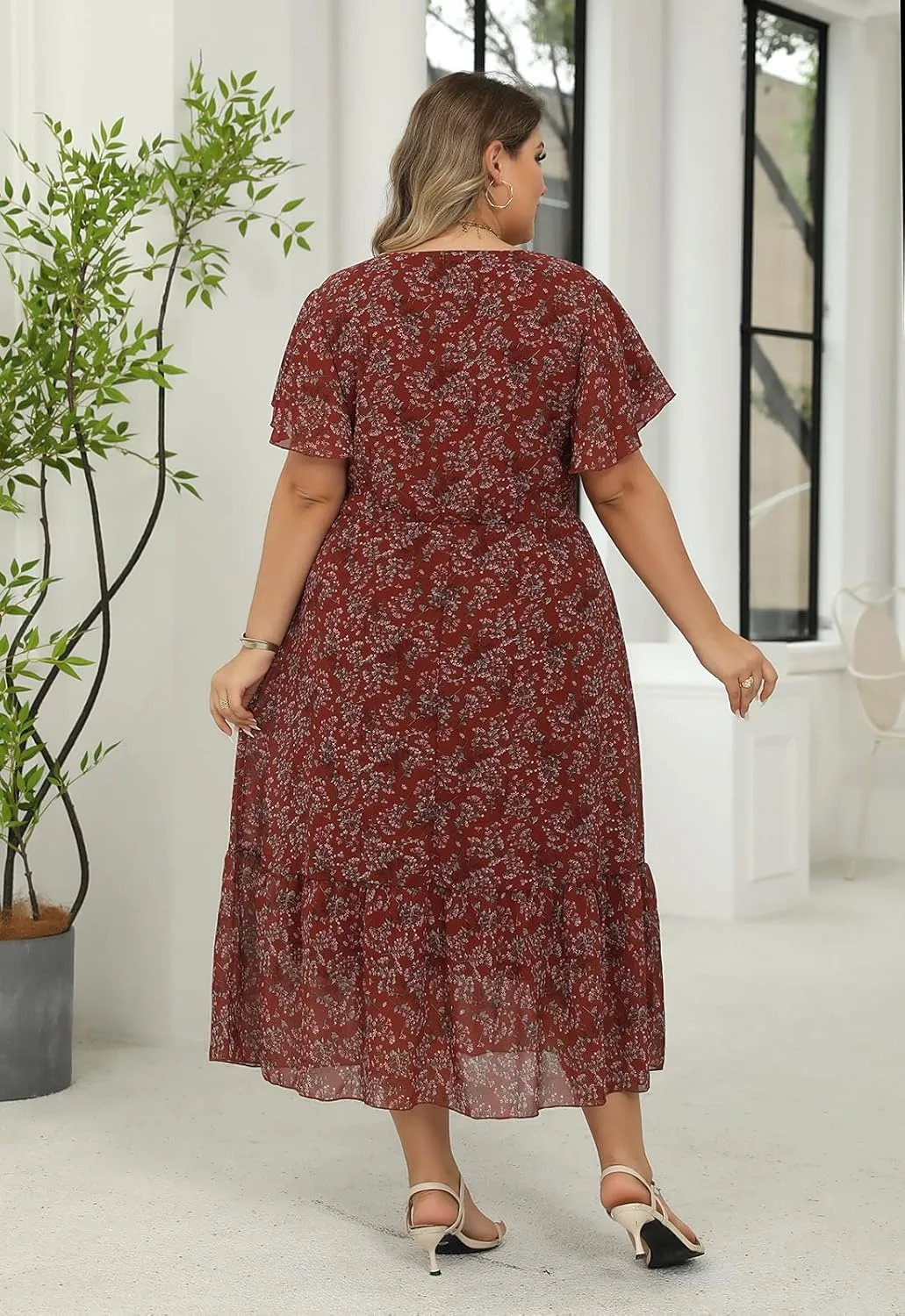 Nemidor Womens Casual Plus Size Boho Print Belted Layered Chiffon Long Dress with Ruffle Sleeve NEM310