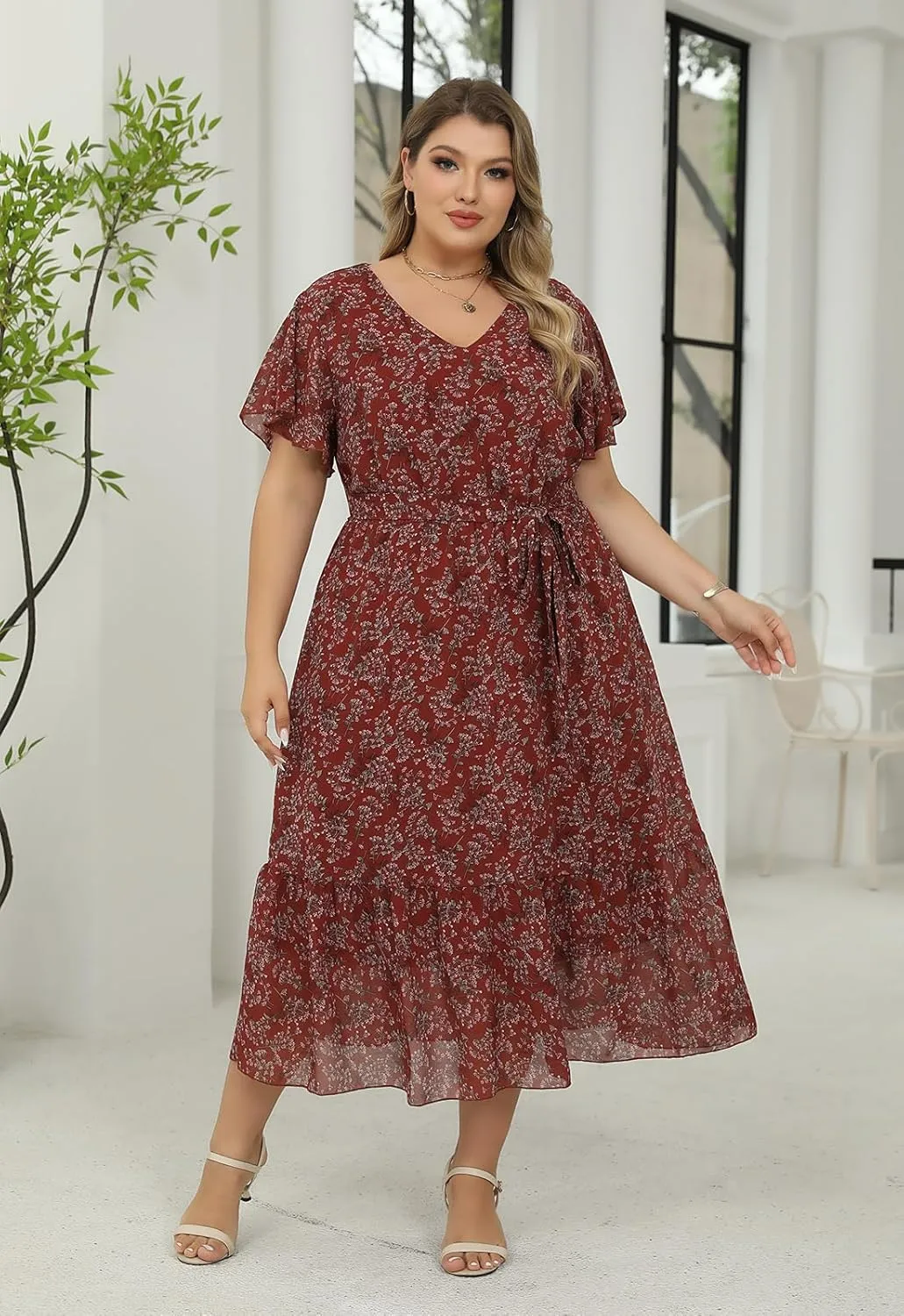 Nemidor Womens Casual Plus Size Boho Print Belted Layered Chiffon Long Dress with Ruffle Sleeve NEM310
