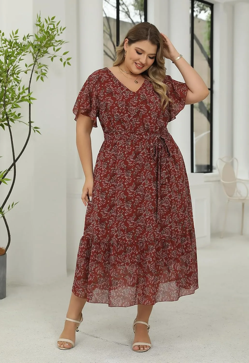 Nemidor Womens Casual Plus Size Boho Print Belted Layered Chiffon Long Dress with Ruffle Sleeve NEM310