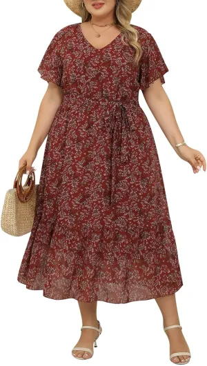 Nemidor Womens Casual Plus Size Boho Print Belted Layered Chiffon Long Dress with Ruffle Sleeve NEM310
