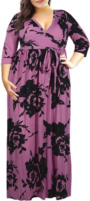 Nemidor Womens Casual V-Neck 3/4 Sleeve Plus Size Long Maxi Dress with Pockets NEM170