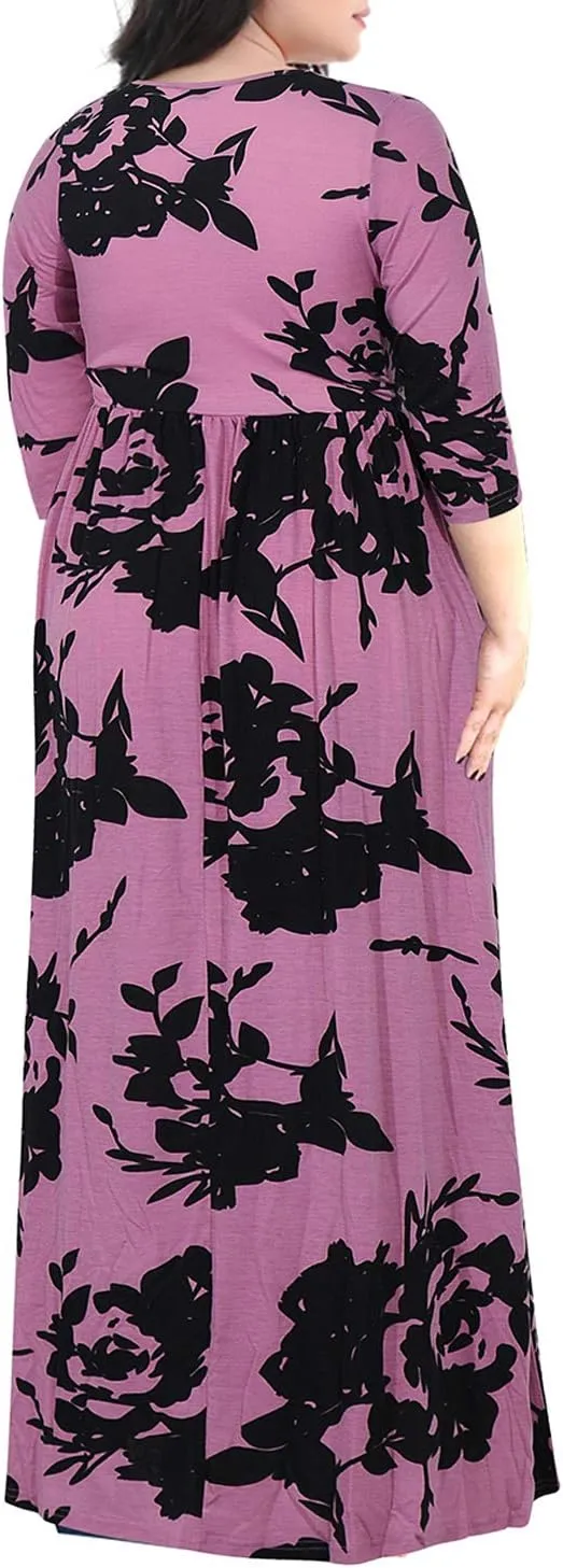 Nemidor Womens Casual V-Neck 3/4 Sleeve Plus Size Long Maxi Dress with Pockets NEM170
