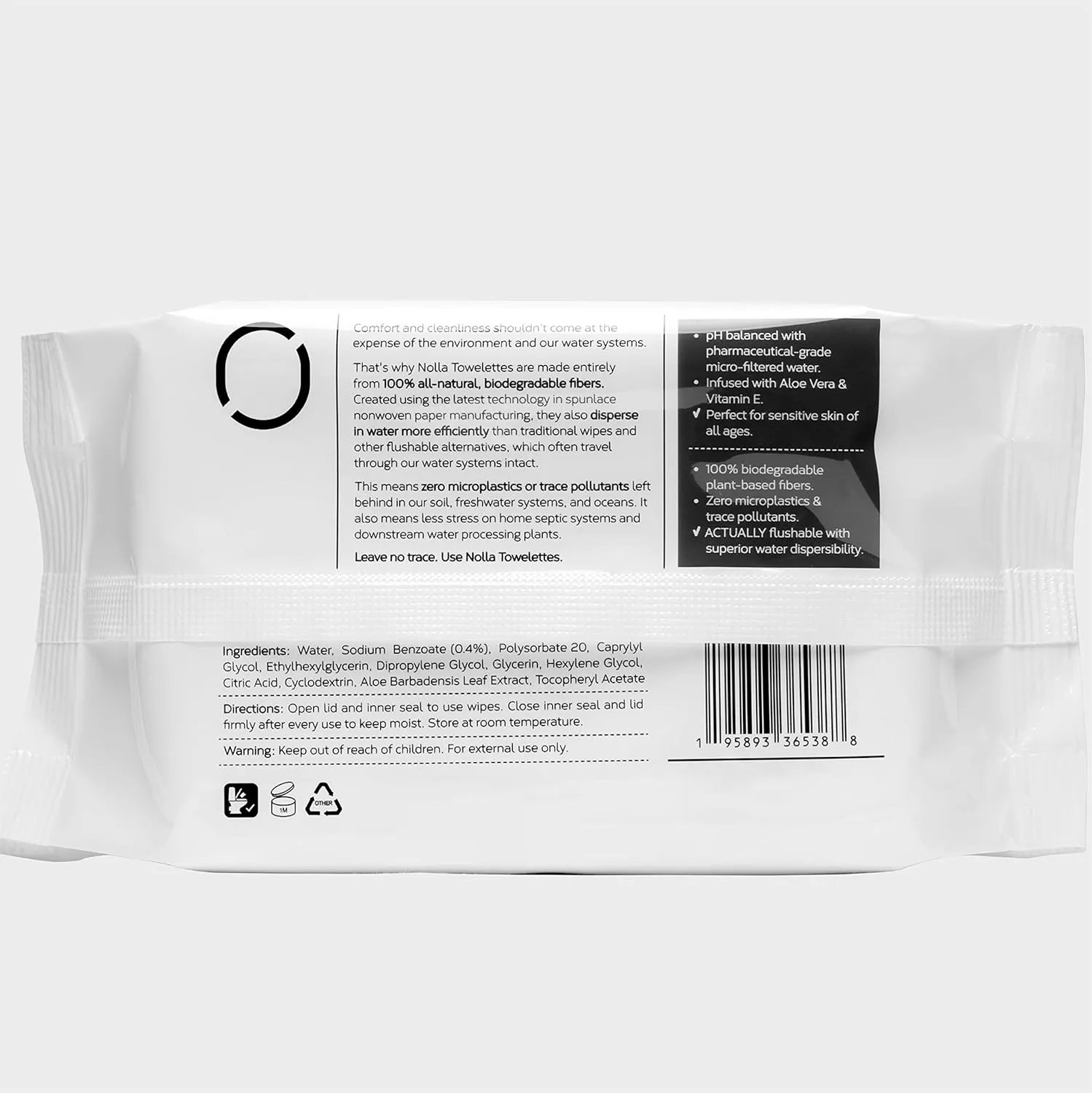 Nolla Flushable Wipes - 100% Plant-Based and Biodegradable - Soft, Unscented   Soothing Aloe and Vitamin E - For Adults and Kids 180 Count (3 Packs of 60)