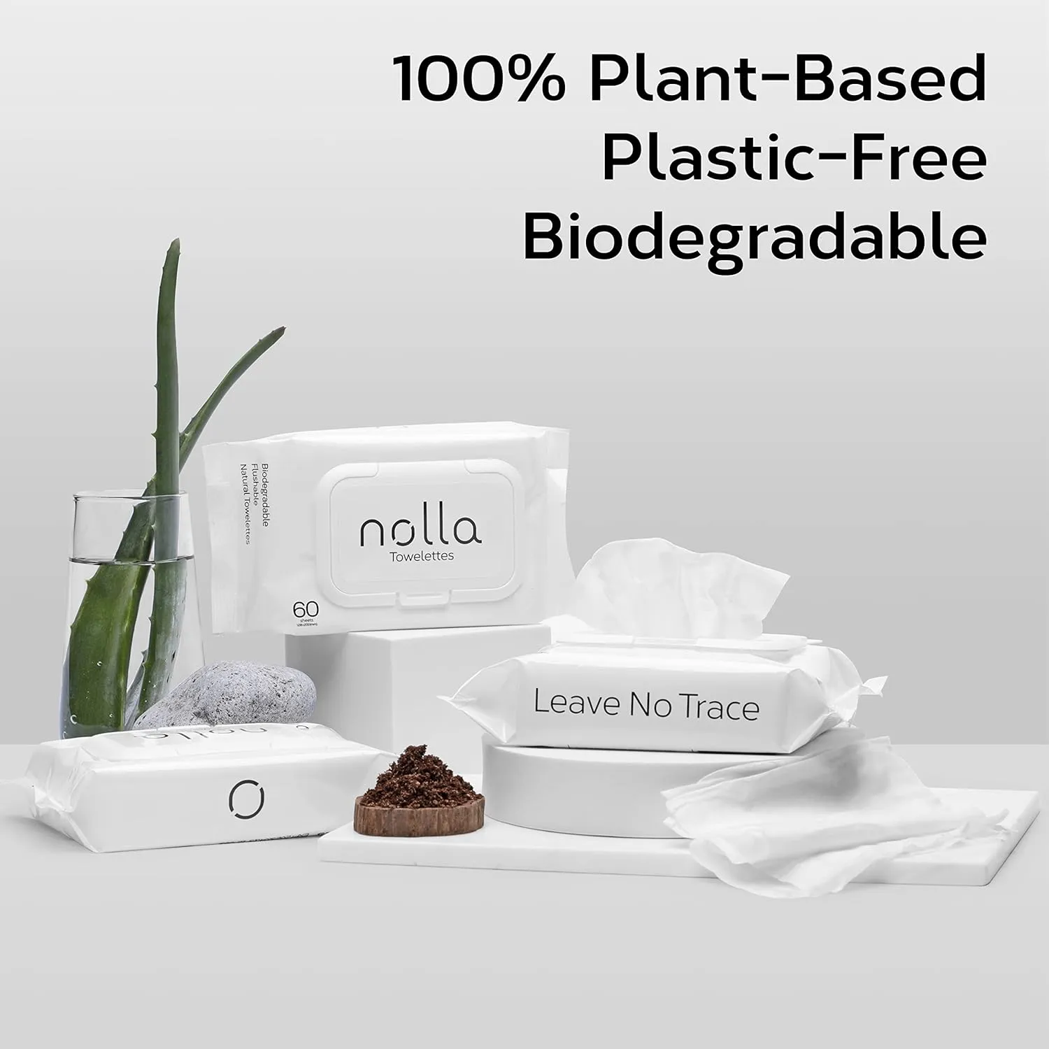 Nolla Flushable Wipes - 100% Plant-Based and Biodegradable - Soft, Unscented   Soothing Aloe and Vitamin E - For Adults and Kids 180 Count (3 Packs of 60)