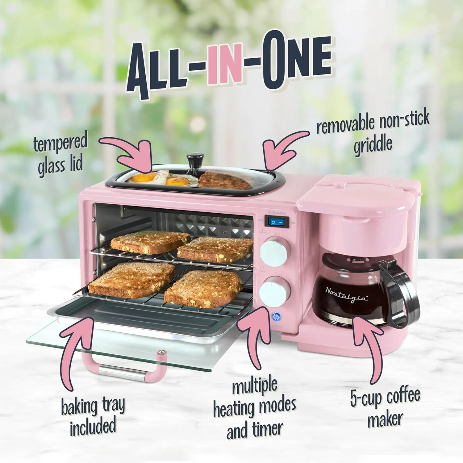 Nostalgia 3-in-1 Retro Breakfast Station - Includes 5 Cup Coffee Maker, Non-Stick Ceramic Griddle, and 4-Slice Toaster Oven - Built-In Timer, Reusable Coffee Filter, Space-Saving Design - Pink