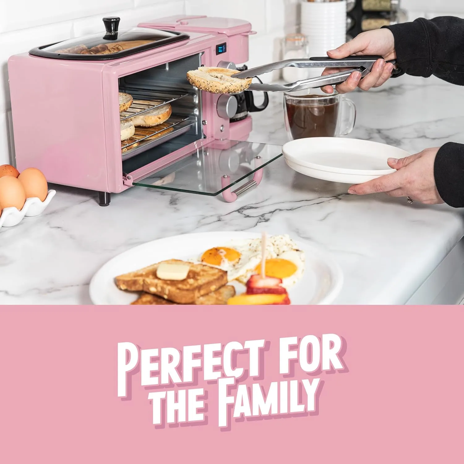 Nostalgia 3-in-1 Retro Breakfast Station - Includes 5 Cup Coffee Maker, Non-Stick Ceramic Griddle, and 4-Slice Toaster Oven - Built-In Timer, Reusable Coffee Filter, Space-Saving Design - Pink