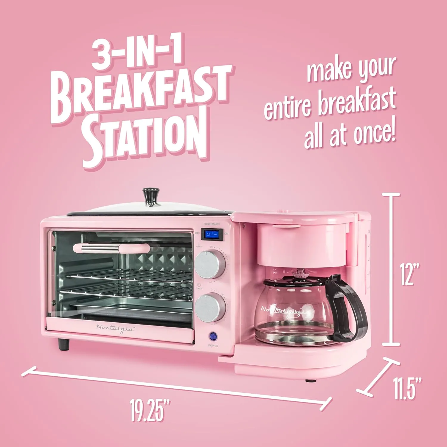 Nostalgia 3-in-1 Retro Breakfast Station - Includes 5 Cup Coffee Maker, Non-Stick Ceramic Griddle, and 4-Slice Toaster Oven - Built-In Timer, Reusable Coffee Filter, Space-Saving Design - Pink