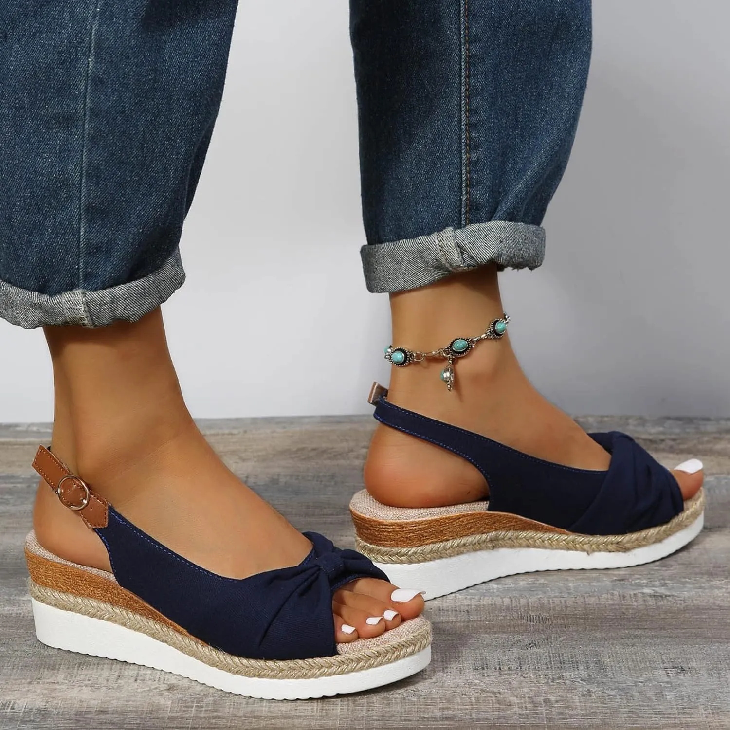 oiangi Wedge Sandals for Women Casual Summer Fish Mouth Open Toe Slingback Buckle Hemp Rope Platform Sandals Comfortable Outdoor Ladies Shoes Sandalias