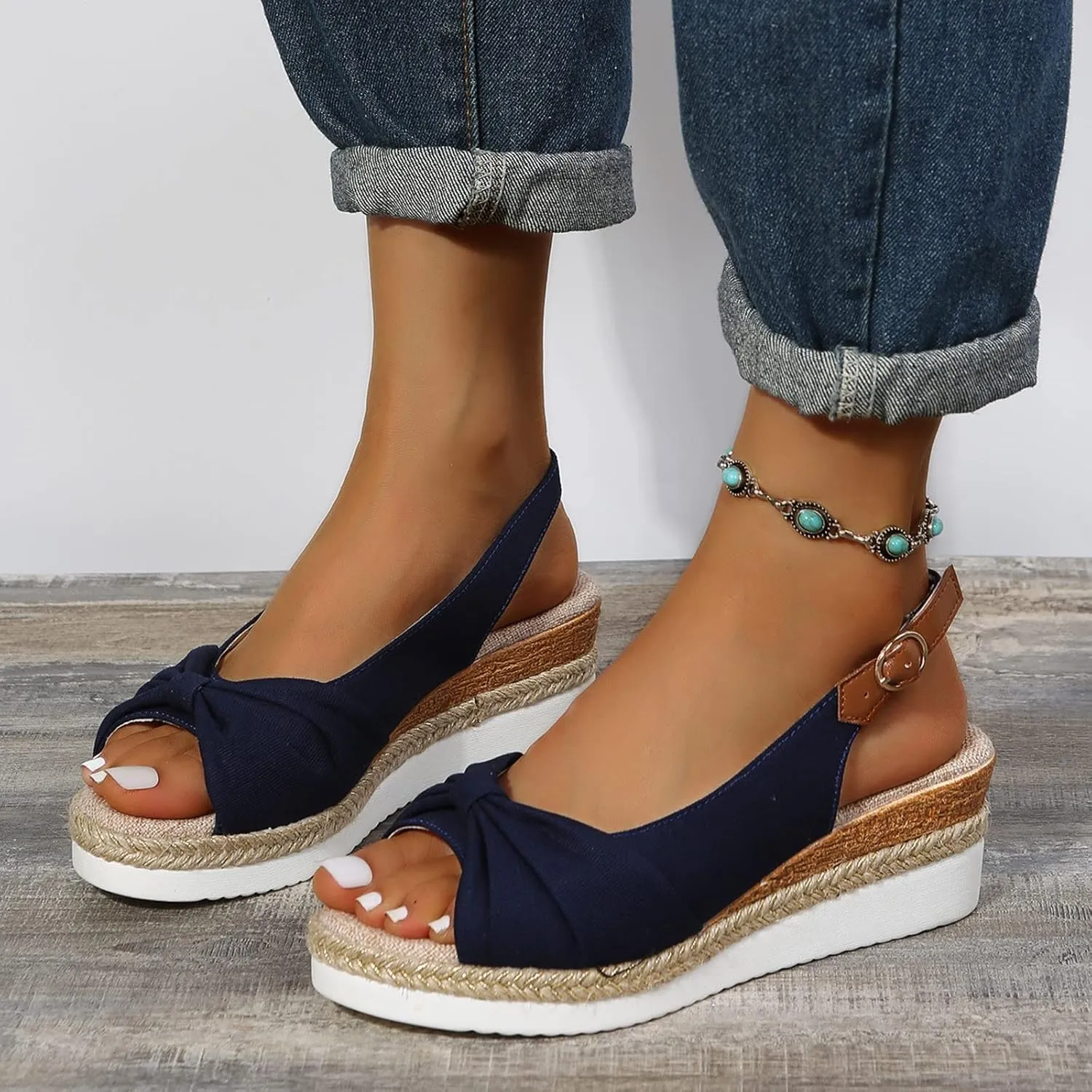 oiangi Wedge Sandals for Women Casual Summer Fish Mouth Open Toe Slingback Buckle Hemp Rope Platform Sandals Comfortable Outdoor Ladies Shoes Sandalias
