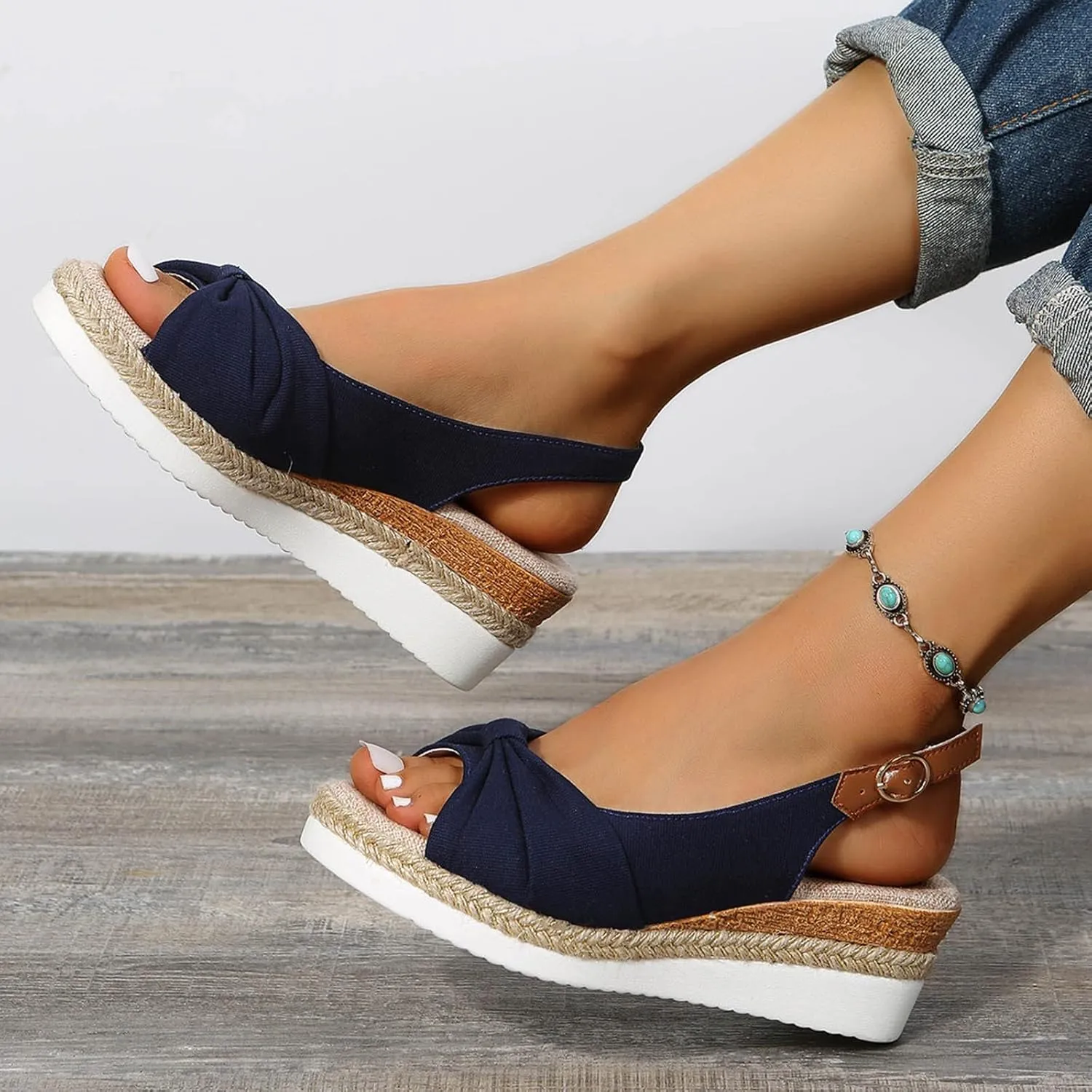 oiangi Wedge Sandals for Women Casual Summer Fish Mouth Open Toe Slingback Buckle Hemp Rope Platform Sandals Comfortable Outdoor Ladies Shoes Sandalias