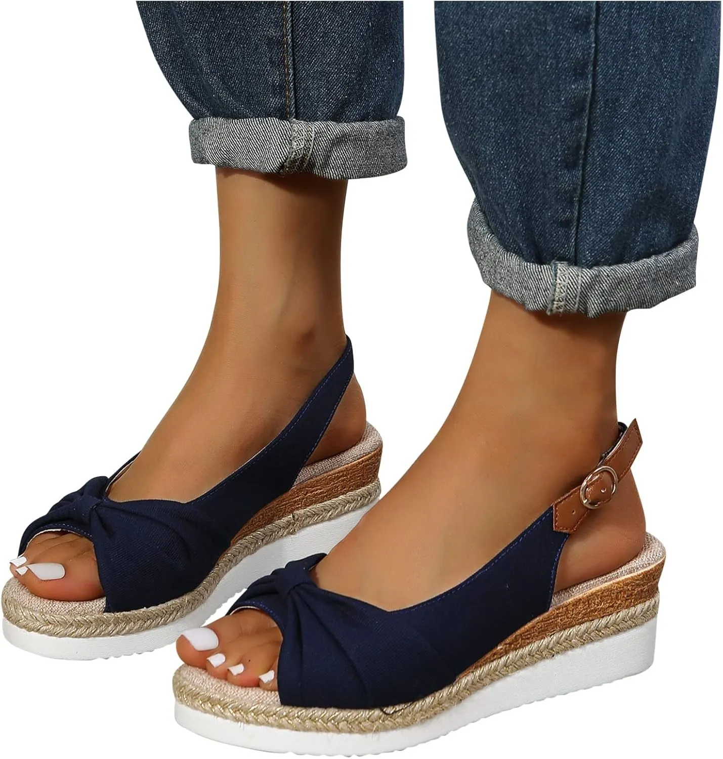 oiangi Wedge Sandals for Women Casual Summer Fish Mouth Open Toe Slingback Buckle Hemp Rope Platform Sandals Comfortable Outdoor Ladies Shoes Sandalias
