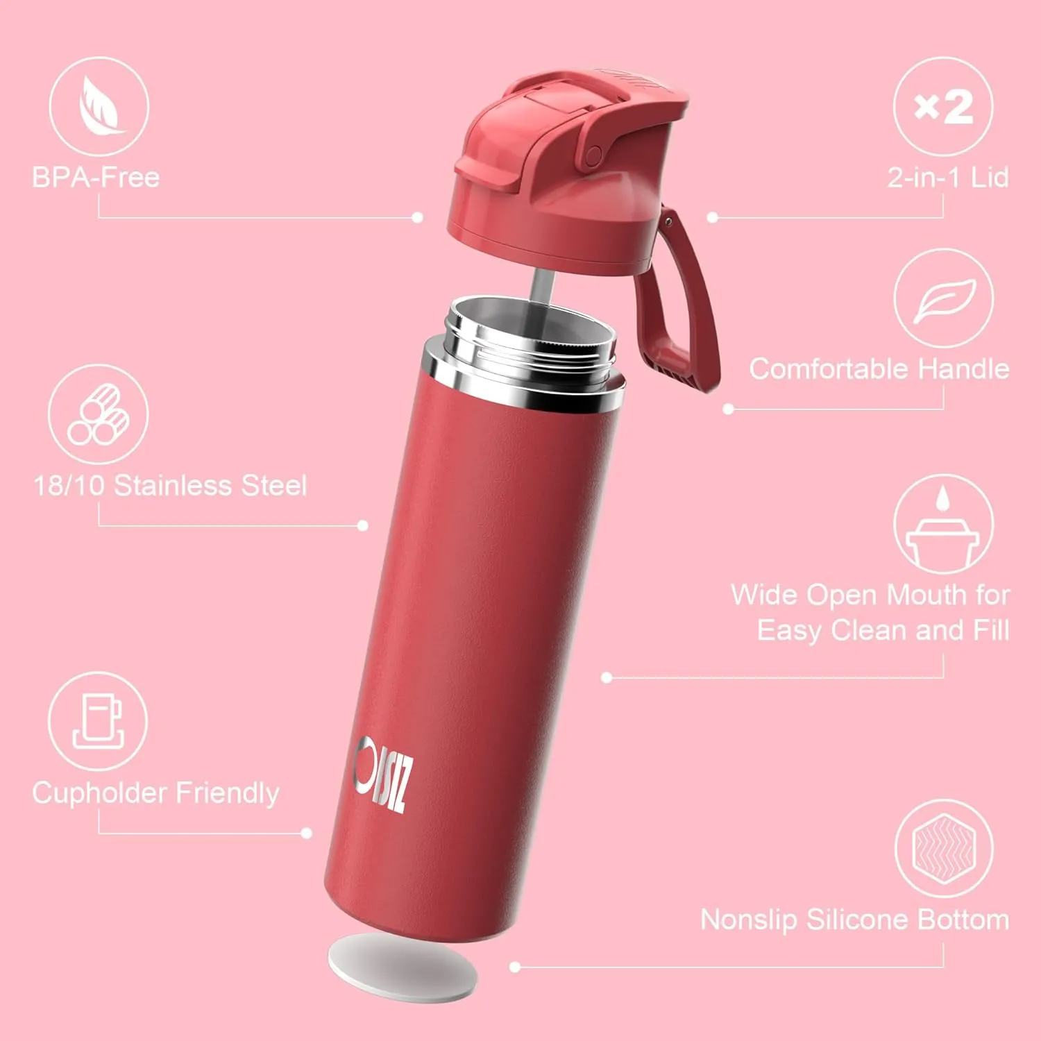 OISIZ Insulated Water Bottle 24 oz with 2-in-1 Straw and Swig Lid, Leakproof and BPA Free, Keep Cold 24H, Vacuum Stainless Steel Water Bottle for School, Travel and Sports, All Dishwasher Safe