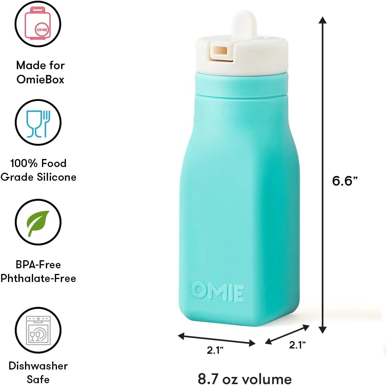 Omie OmieBox Reusable Silicone Water Bottle - 8.7 oz, Straw Top, BPA-Free & Phthalate-Free, Leak-Proof (Teal) (OmieBox Sold Separately)