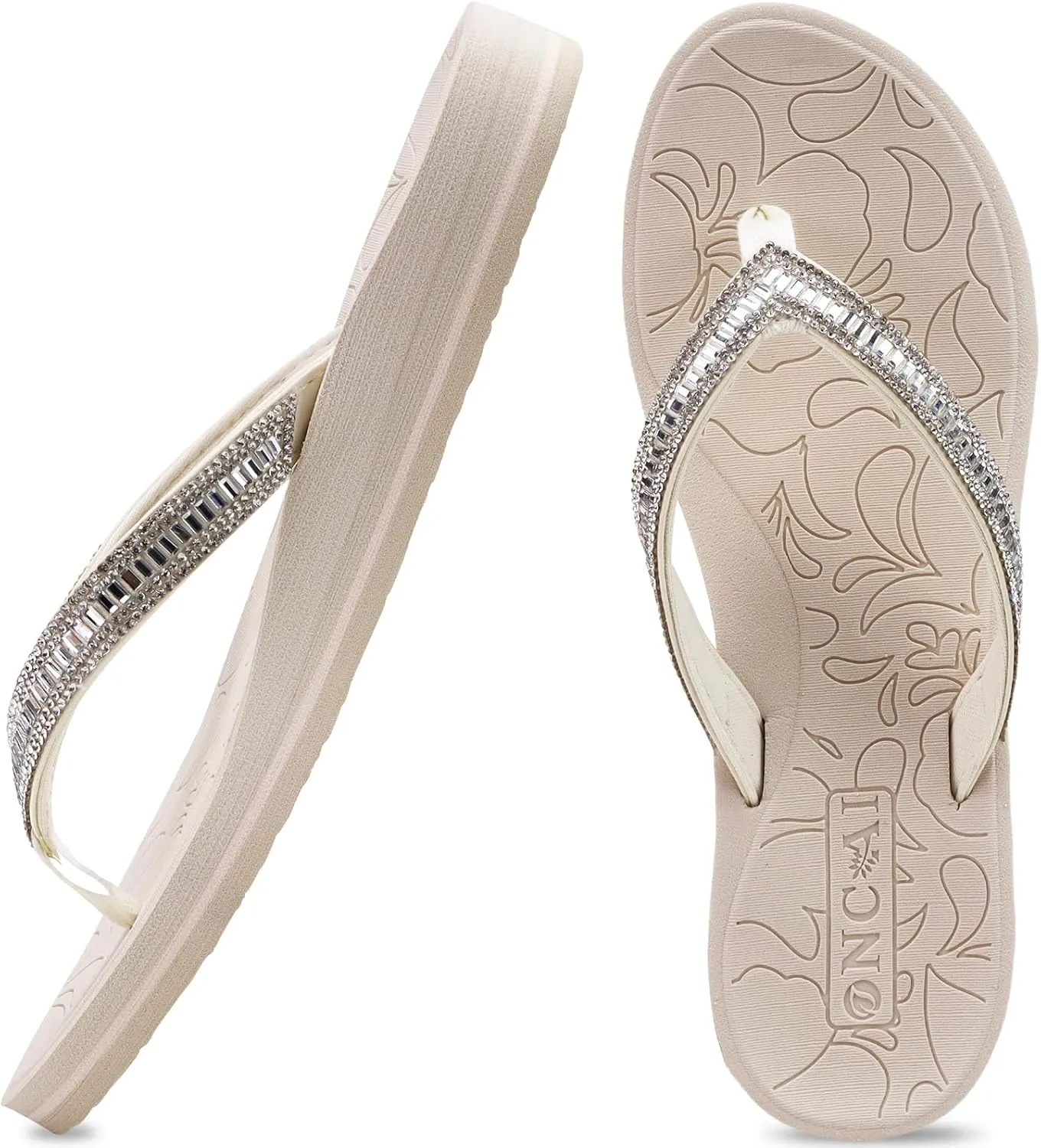 ONCAI Women's Flip Flops with Rhinestone, Arch Support Yoga Mat Comfort Walking Summer Beach Thong Sandals with Plantar Fasciitis Rubber Soles US Size 5-11