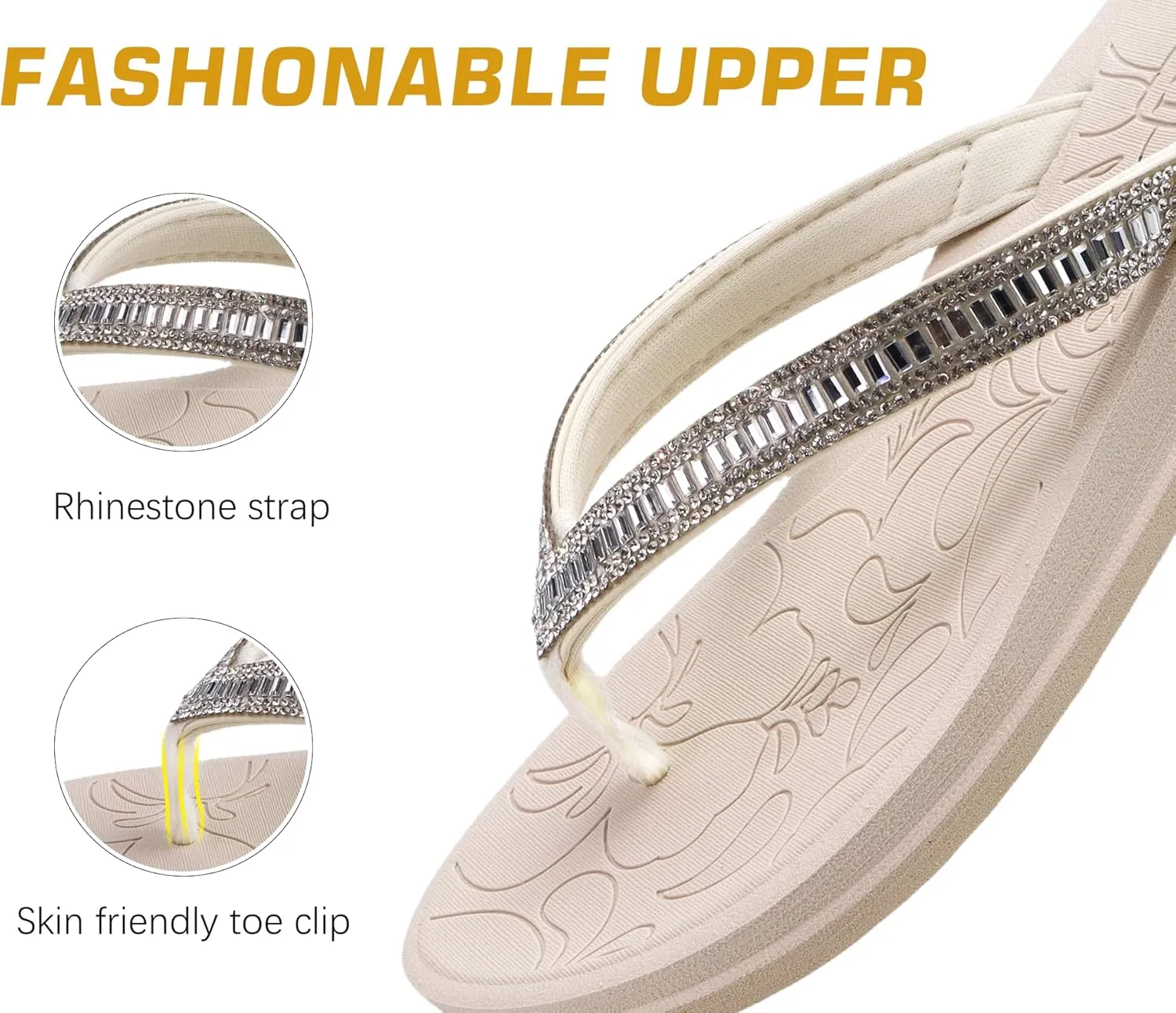 ONCAI Women's Flip Flops with Rhinestone, Arch Support Yoga Mat Comfort Walking Summer Beach Thong Sandals with Plantar Fasciitis Rubber Soles US Size 5-11
