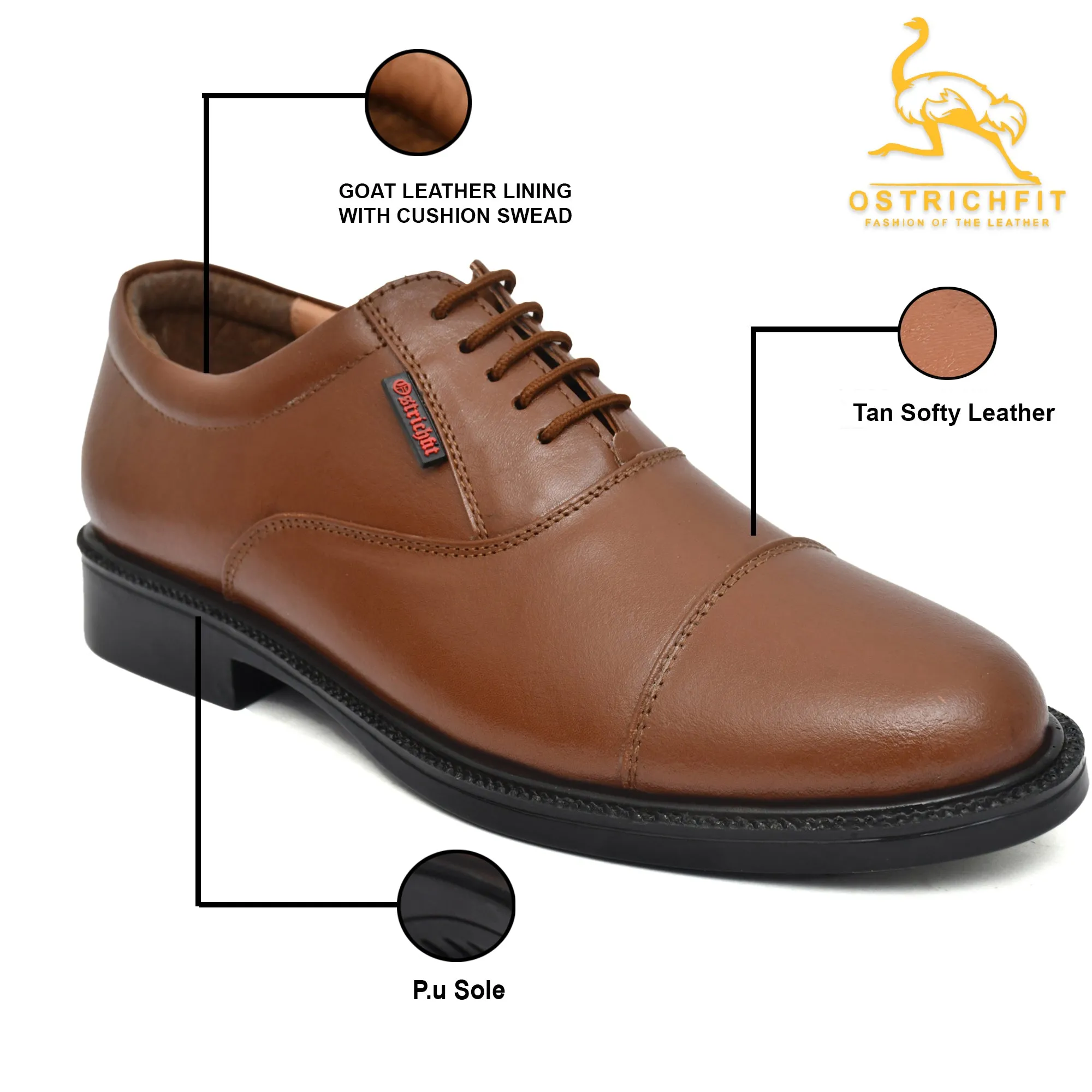 OstrichFit HANDCRAFTED OXFORD TAN PLAIN FORMAL LACEUP DERBY SHOES WITH CAP TOE FOR MEN OF-PS101TAN Article no.: 01