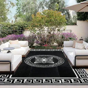 OutdoorLines Outdoor Reversible Rugs for Patio 4x6 ft - Plastic Area Rug, Stain & UV Resistant Portable RV Carpet, Plastic Straw Mats for Porch, Pool Deck and Camping Quatrefoil/Black & White