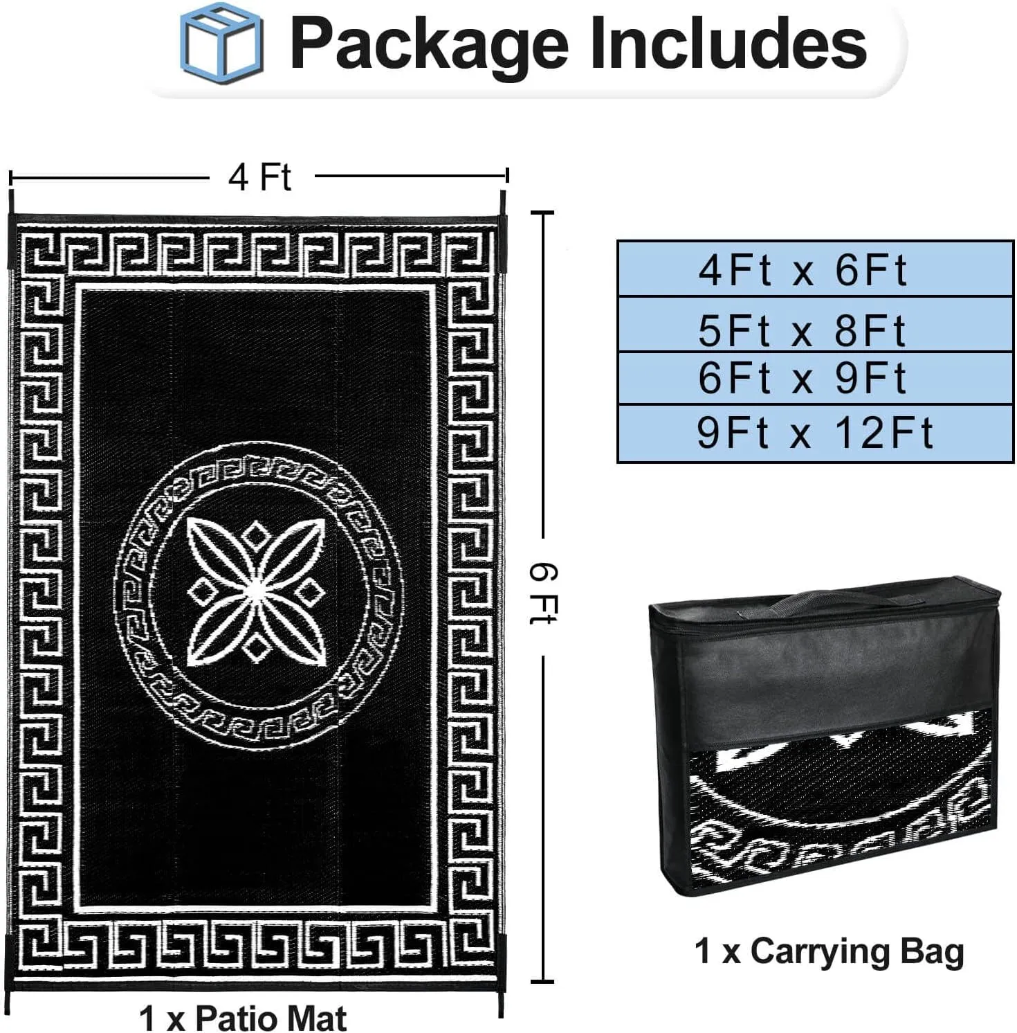 OutdoorLines Outdoor Reversible Rugs for Patio 4x6 ft - Plastic Area Rug, Stain & UV Resistant Portable RV Carpet, Plastic Straw Mats for Porch, Pool Deck and Camping Quatrefoil/Black & White