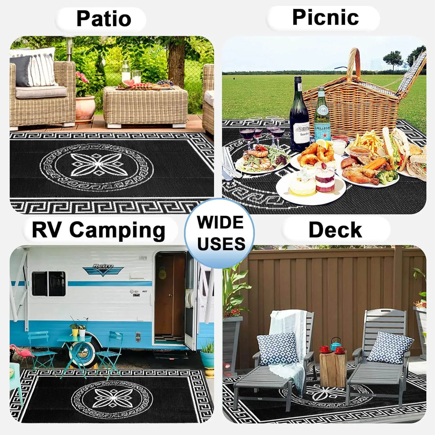 OutdoorLines Outdoor Reversible Rugs for Patio 4x6 ft - Plastic Area Rug, Stain & UV Resistant Portable RV Carpet, Plastic Straw Mats for Porch, Pool Deck and Camping Quatrefoil/Black & White