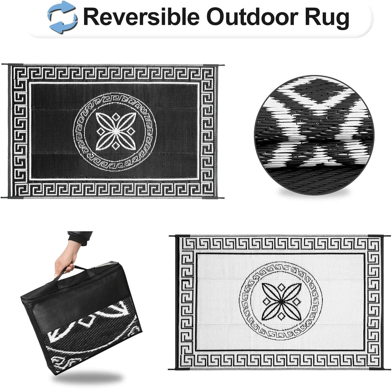 OutdoorLines Outdoor Reversible Rugs for Patio 4x6 ft - Plastic Area Rug, Stain & UV Resistant Portable RV Carpet, Plastic Straw Mats for Porch, Pool Deck and Camping Quatrefoil/Black & White