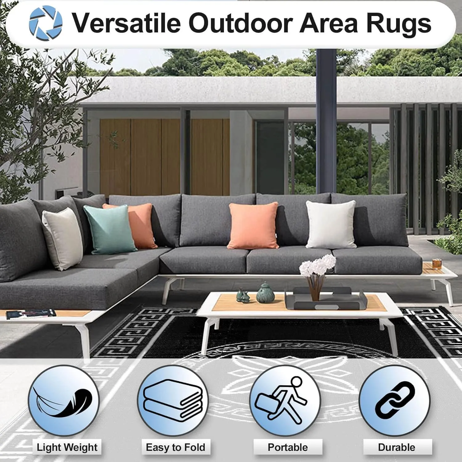 OutdoorLines Outdoor Reversible Rugs for Patio 4x6 ft - Plastic Area Rug, Stain & UV Resistant Portable RV Carpet, Plastic Straw Mats for Porch, Pool Deck and Camping Quatrefoil/Black & White