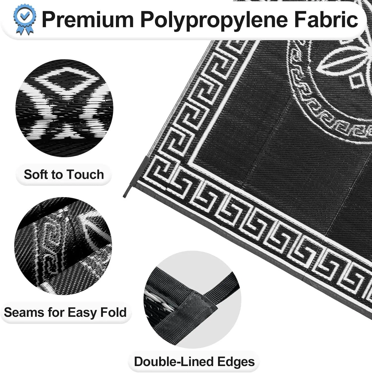 OutdoorLines Outdoor Reversible Rugs for Patio 4x6 ft - Plastic Area Rug, Stain & UV Resistant Portable RV Carpet, Plastic Straw Mats for Porch, Pool Deck and Camping Quatrefoil/Black & White