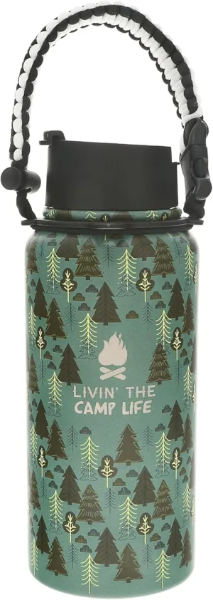 Pavilion Gift Company - Livin' The Camp Life - 32oz Stainless Steel Travel Water Bottle Coffee Thermal With Survival Rope Handle - Tent Cabin Hiking Camp Lover Gift Present - 12 Hrs Cold & 6 Hrs Hot
