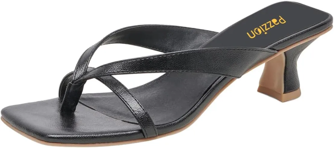 Pazzion Women Open Square Toe Kitten Heel Flip Flop Sandals Slip On Low Heeled Slippers Daily Indoor Shopping Shoes Size 4-16 US