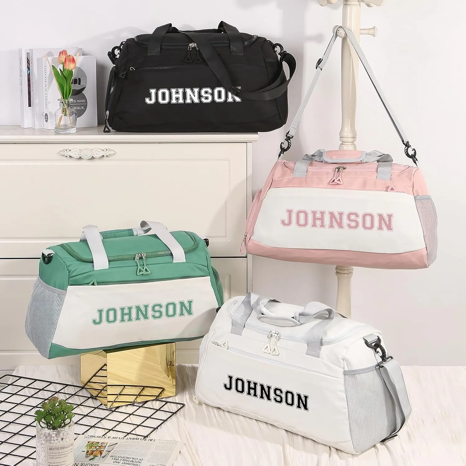 Personalized Duffel Bag Custom Sport Gym Travel Bags Embroidered Name Text Customized Dry Wet Separated Weekend Waterproof Bag for Women Men (A-white)