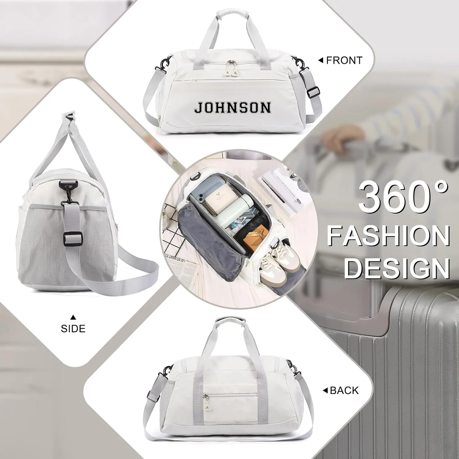 Personalized Duffel Bag Custom Sport Gym Travel Bags Embroidered Name Text Customized Dry Wet Separated Weekend Waterproof Bag for Women Men (A-white)