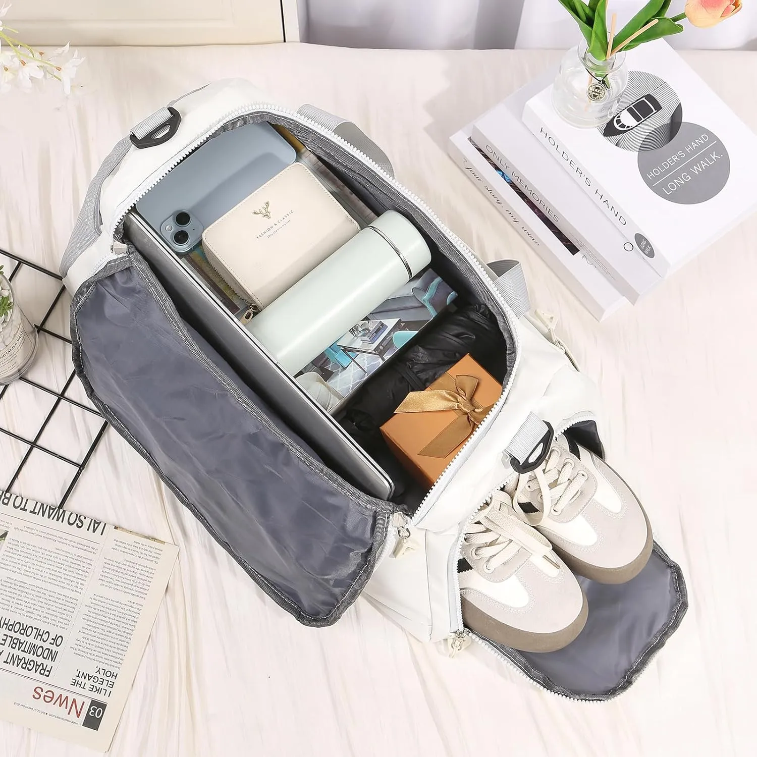 Personalized Duffel Bag Custom Sport Gym Travel Bags Embroidered Name Text Customized Dry Wet Separated Weekend Waterproof Bag for Women Men (A-white)