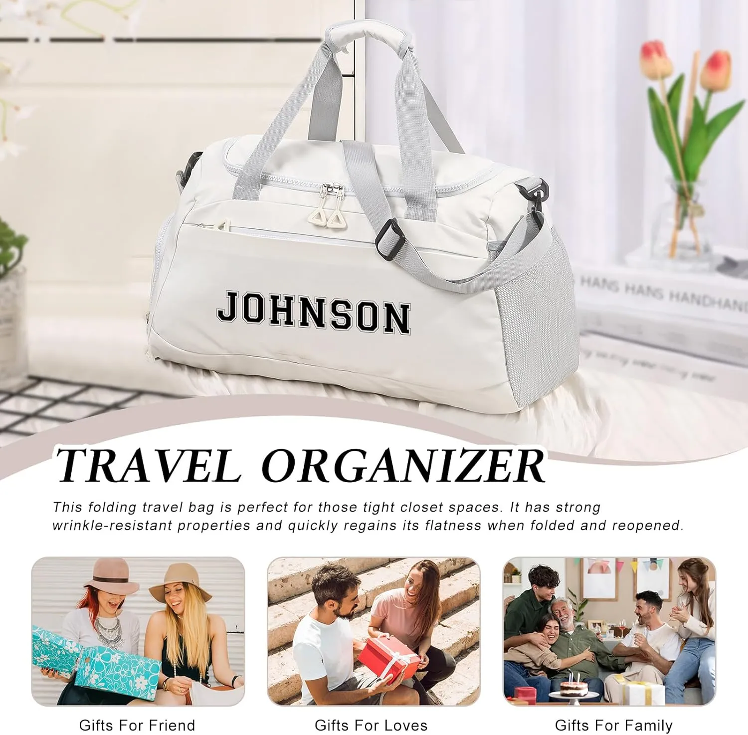 Personalized Duffel Bag Custom Sport Gym Travel Bags Embroidered Name Text Customized Dry Wet Separated Weekend Waterproof Bag for Women Men (A-white)