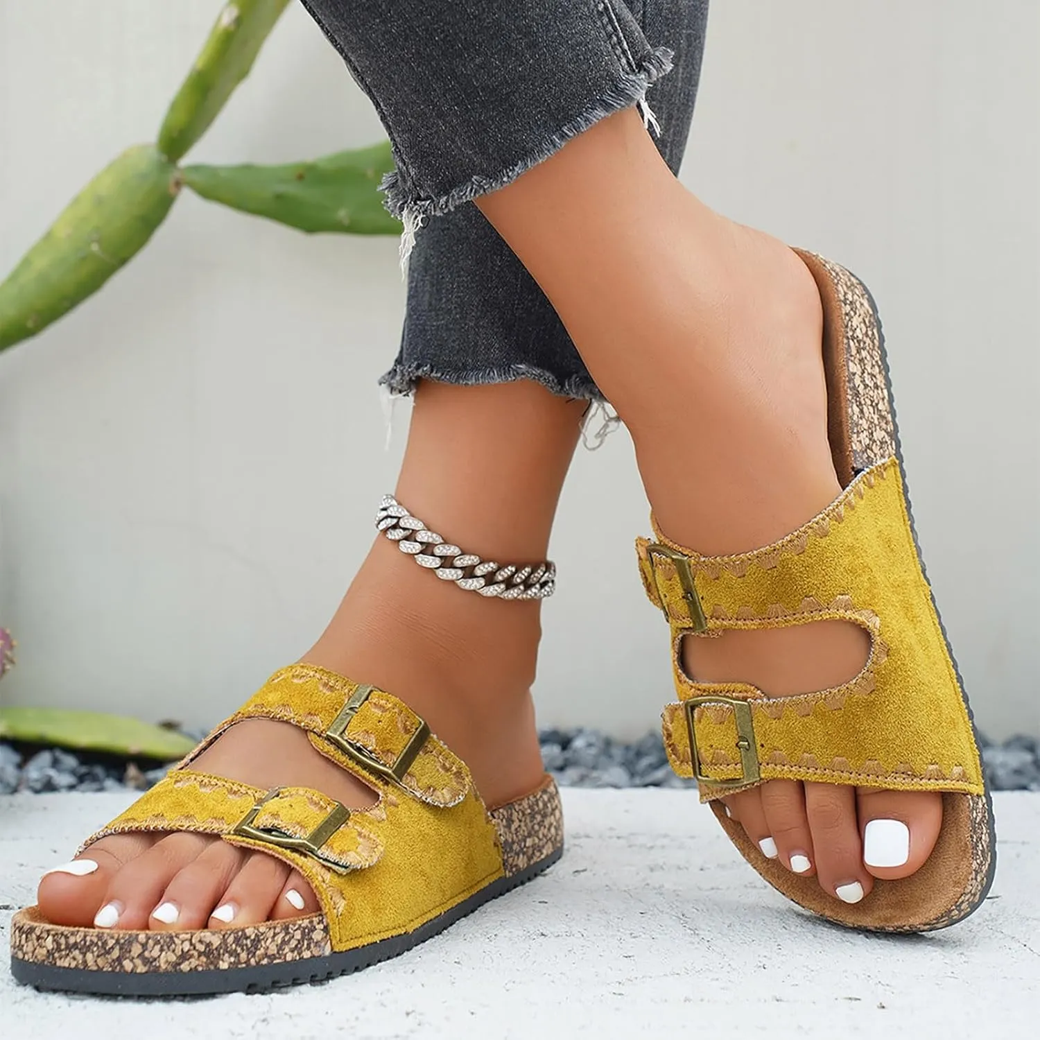 Platform Suede Sandals for Women Soft Cork Footbed Summer Slides with Adjustable Buckle Memory Foam Flat Footwear