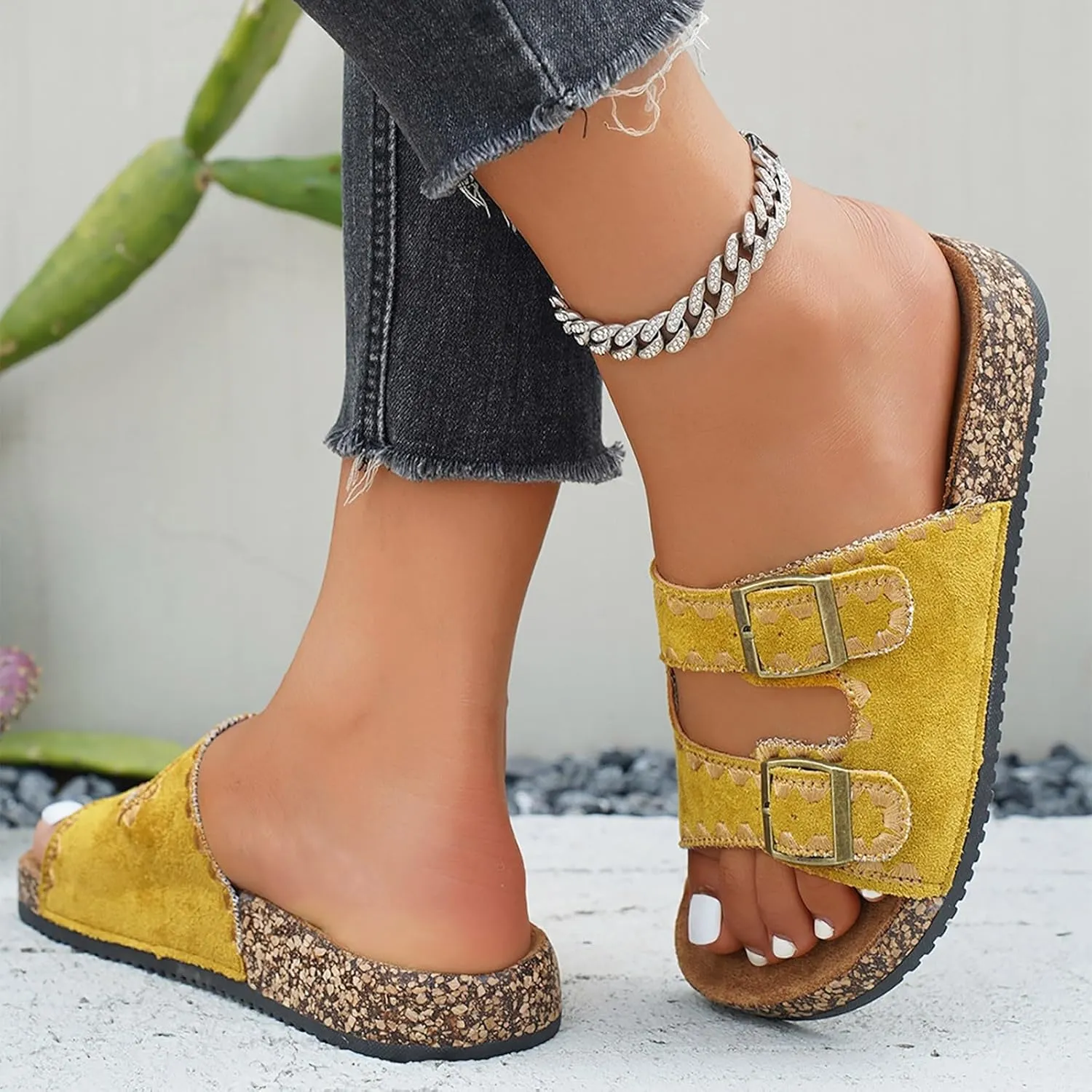Platform Suede Sandals for Women Soft Cork Footbed Summer Slides with Adjustable Buckle Memory Foam Flat Footwear