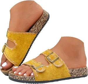 Platform Suede Sandals for Women Soft Cork Footbed Summer Slides with Adjustable Buckle Memory Foam Flat Footwear