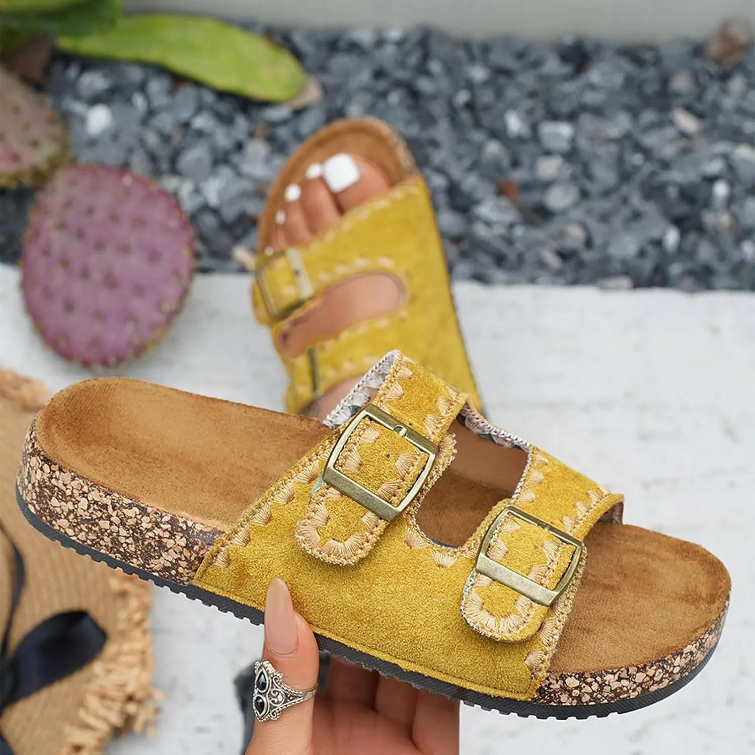 Platform Suede Sandals for Women Soft Cork Footbed Summer Slides with Adjustable Buckle Memory Foam Flat Footwear