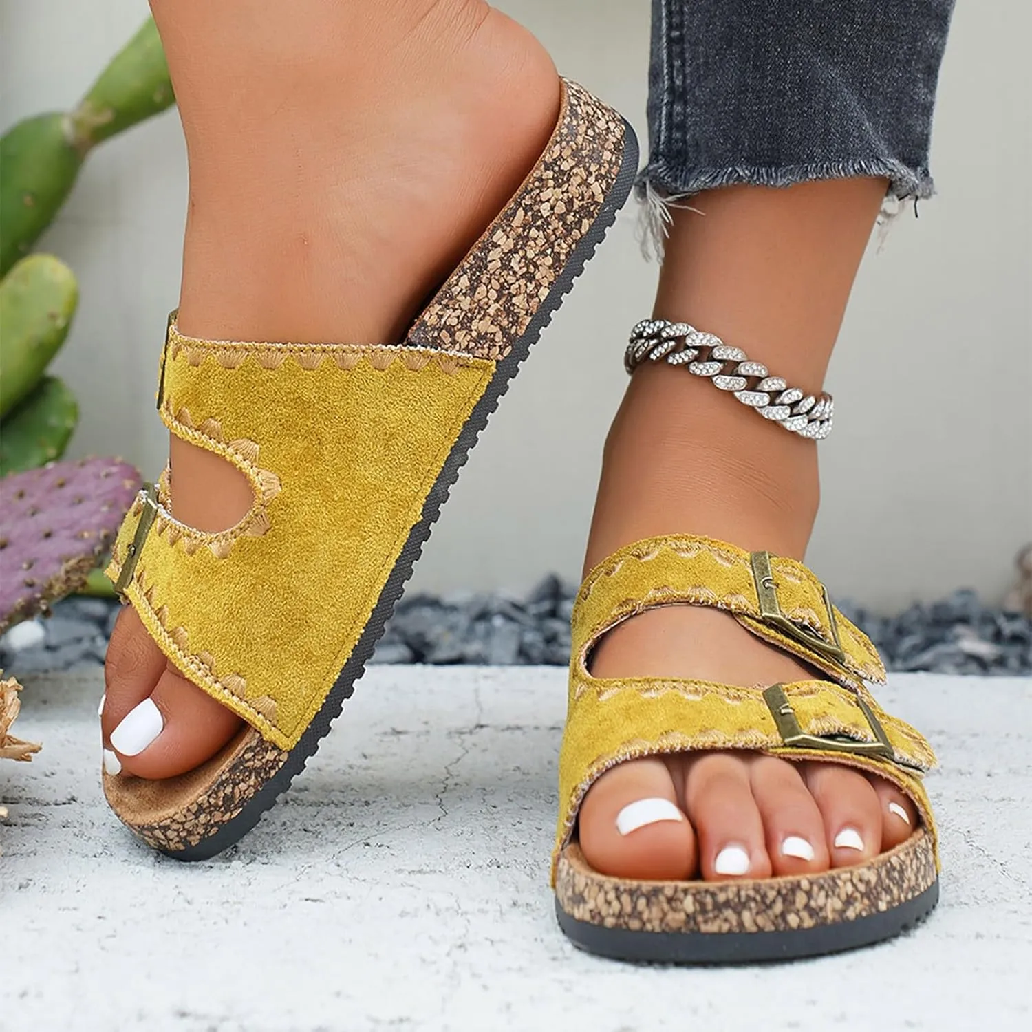 Platform Suede Sandals for Women Soft Cork Footbed Summer Slides with Adjustable Buckle Memory Foam Flat Footwear