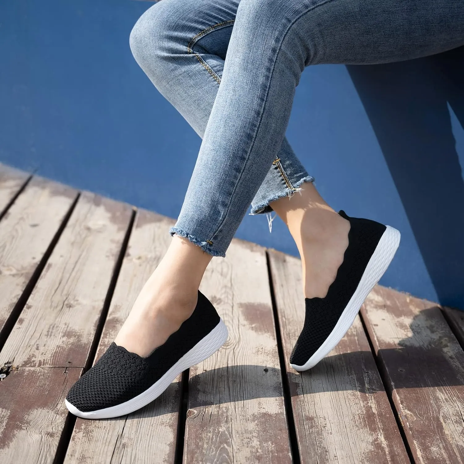 poemlady Women's Slip on Loafer Shoes - Mesh Casual Ballet Flat Nurse Walking Sneakers Knit Round Toe Memory Foam Casual Shoes