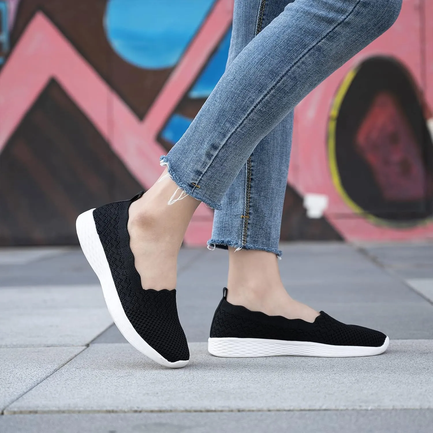 poemlady Women's Slip on Loafer Shoes - Mesh Casual Ballet Flat Nurse Walking Sneakers Knit Round Toe Memory Foam Casual Shoes