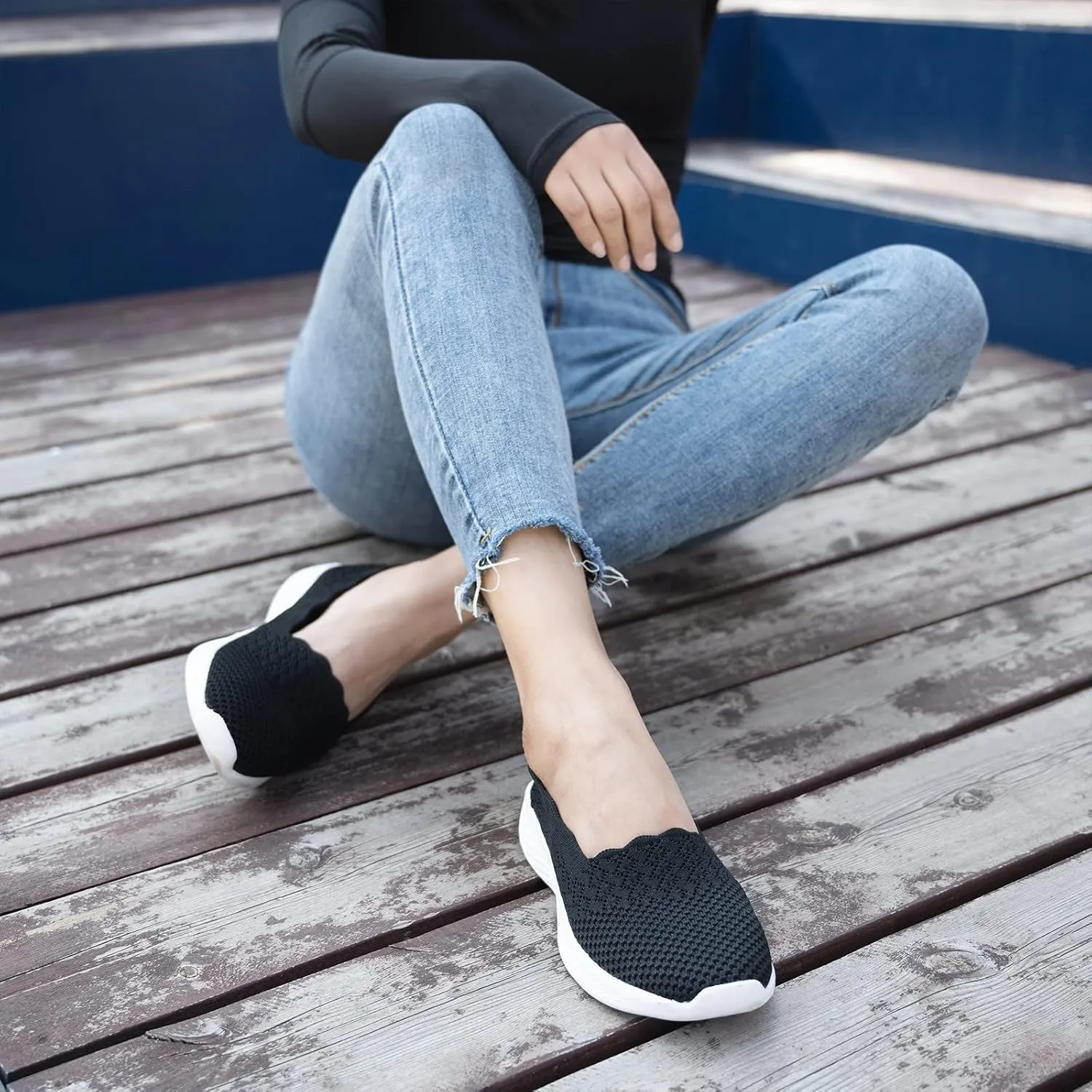 poemlady Women's Slip on Loafer Shoes - Mesh Casual Ballet Flat Nurse Walking Sneakers Knit Round Toe Memory Foam Casual Shoes