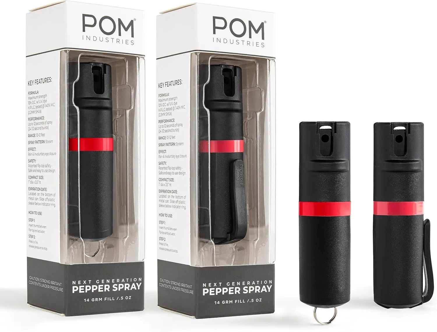 POM Pepper Spray Combo Pack Clip & Keychain - Maximum Strength OC Spray Self Defense- Tactical Compact & Safe Design - 25 Bursts & 10 ft Range - Stream Spray Pattern
