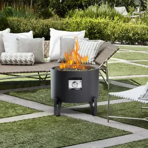 Portable Propane Fire Pit for Camping RV 50,000 BTU Round 15'' H x 16'' W Portable Gas Firepit W/Lid, Glass Rocks & Weather Resistant for Outdoors, Propane Extension Hose, Black