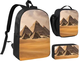 Pyramids of Egypt print Backpack Set Casual Shoulder Bag Lunch Bag Pen Pouch 3 in 1 Set 17inch for Women Men College